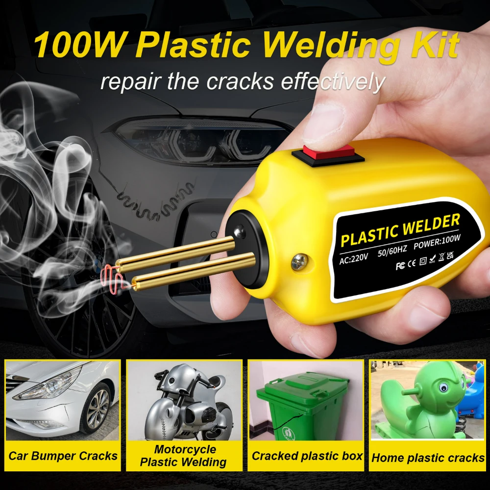 100W เครื่องเชื่อมพลาสติกเครื่องเชื่อมพลาสติกปืน 200 PCS เครื่องเย็บกระดาษร้อนกันชนชุดซ่อมบัดกรีเหล็กสําหรับกันชนรถซ่อมเครื่องมือ