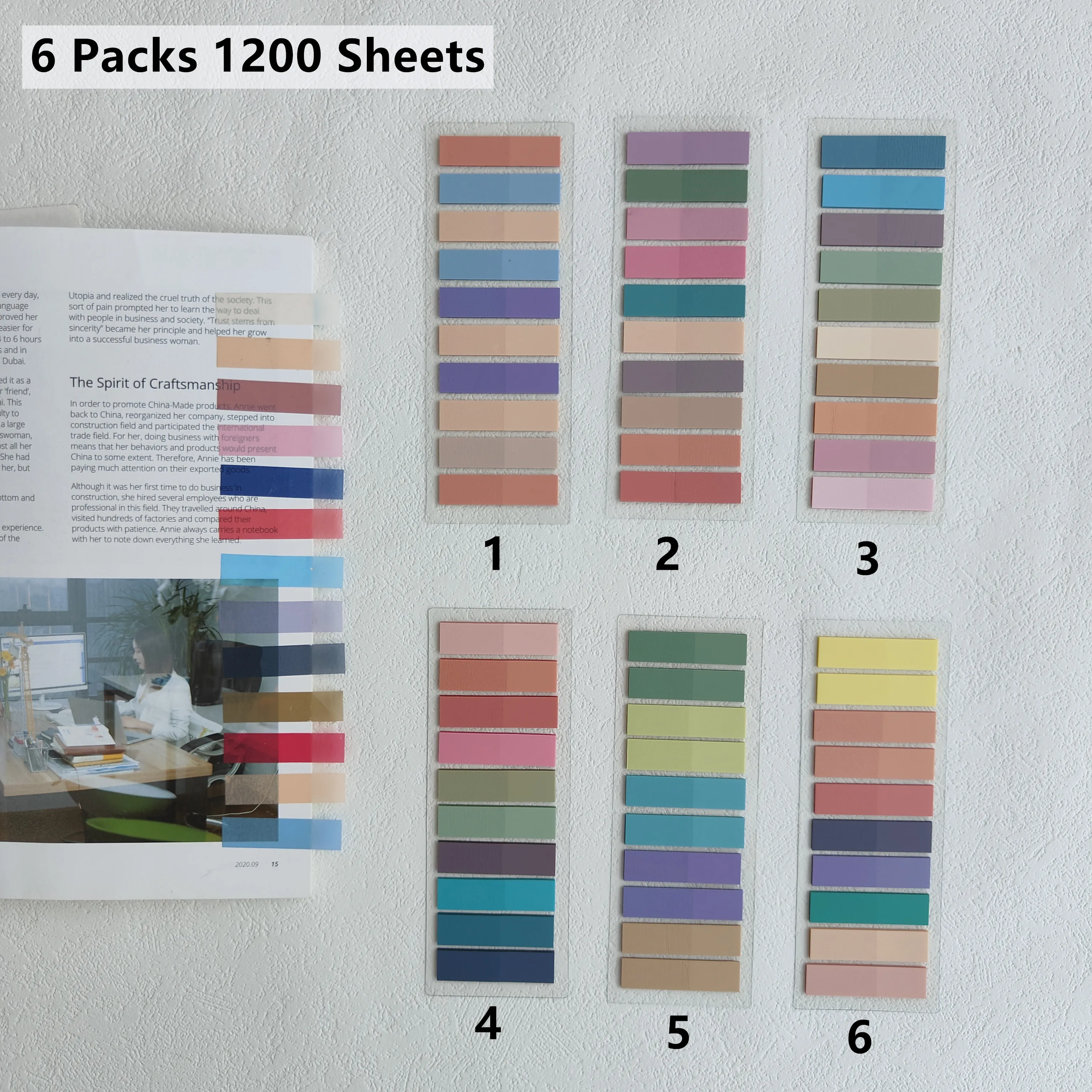 6Packs/1200 Sheets Morandi Transparent Fluorescent Index Tabs PET Arrow Flags Sticky Note for page Marker Planner Sticker Office