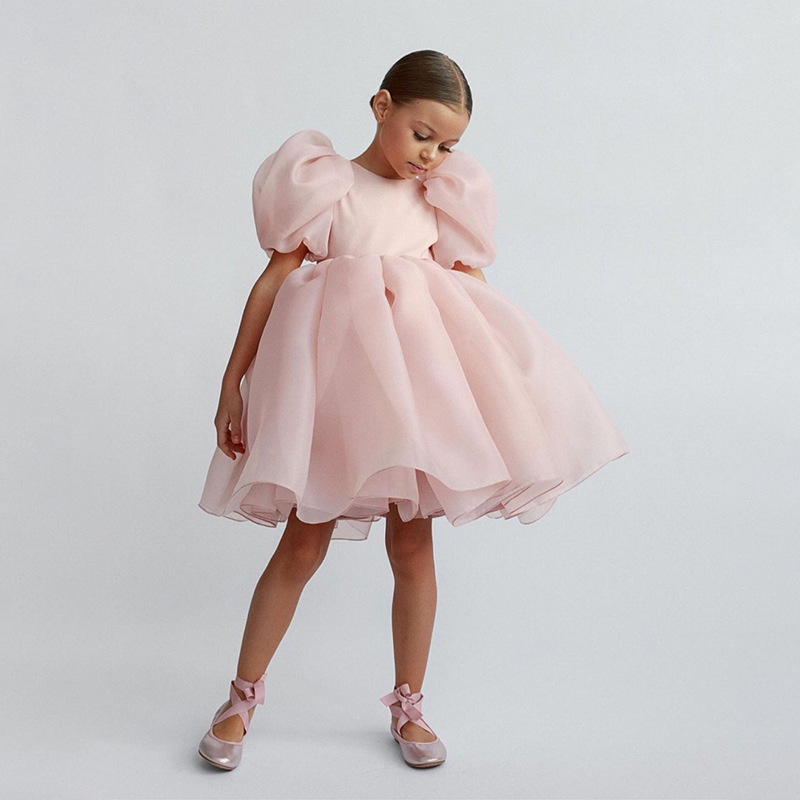 แฟชั่นสาวเจ้าหญิงชุดวินเทจTulleเด็กVestido Puffy Sleeveสีชมพูงานแต่งงานวันเกิดTutuชุดเด็กเสื้อผ้า 1-14