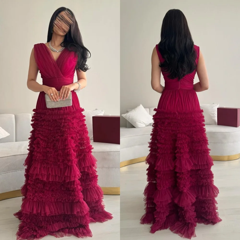 Moda personalizada clássico tule plissado ruched em camadas a linha com decote em v vestidos longos sob medida vestidos de ocasião combinando requintado
