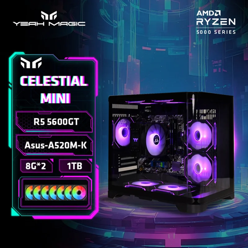 YEAH MAGIC Gaming Desktop AMD Ryzen 5 5600GT 3,9 GHz 16GB(8G*2) DDR4 3200 1T NVME SSD ARGB 7 ventiladores Win 11 Home Gamer escritorio WIFI6