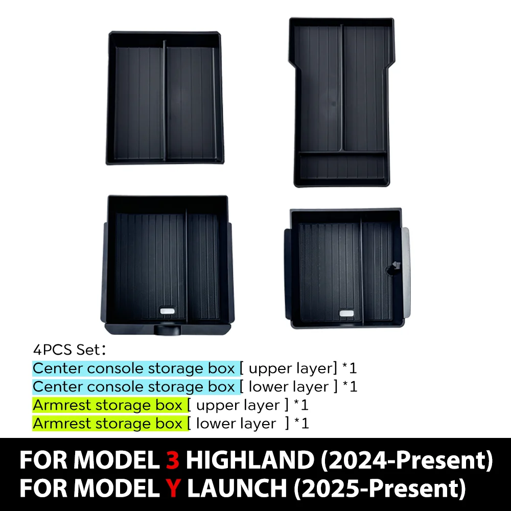 For Tesla Model 3 Y LAUNCH HIGHLAND 2025 2024 Center Console Storage Armrest Storage Box Upper&Lower Flocking Accessories New
