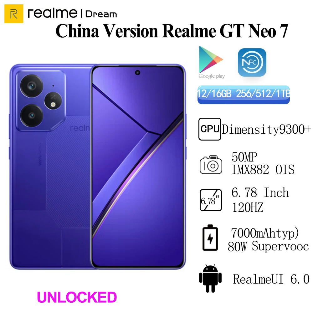 Original Realme GT Neo7 ขนาด 9300 + 5G 6.78 นิ้ว 120HZ 80W SuperVooc 7000mah NFC 50Mp OTA Google Play IP69 Realme ui 6.0
