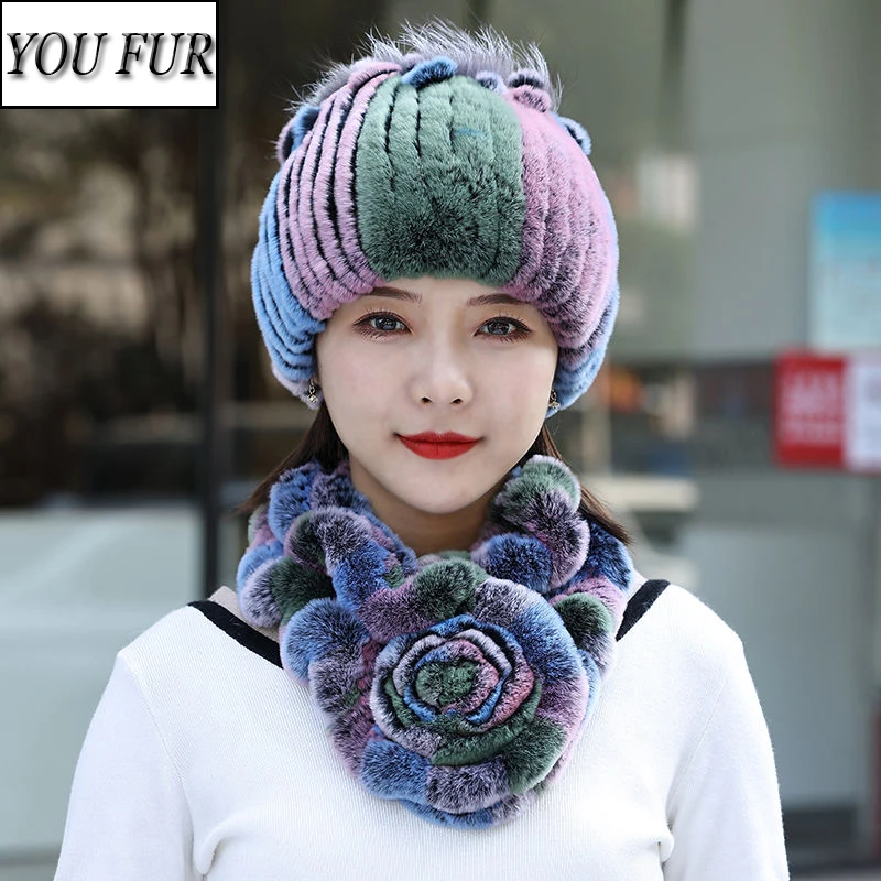 Hot Sale Knit Women Winter Real Rex Rabbit Fur Hat Scarf Natural Soft Rex Rabbit Fur Cap Scarves Sets For Lady Outdoor Keep Warm