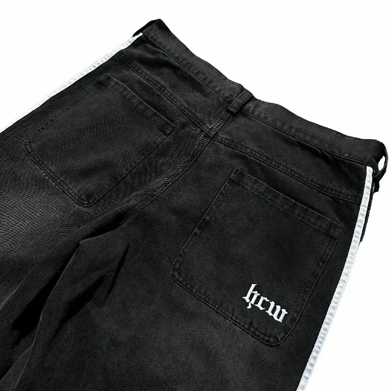 Baggy Jeans Harajuku Goth Y2k Jeans dla mężczyzn Czarne paski Nowe haftowane hip-hopowe spodnie jeansowe z szerokimi nogawkami High Street Streetwear