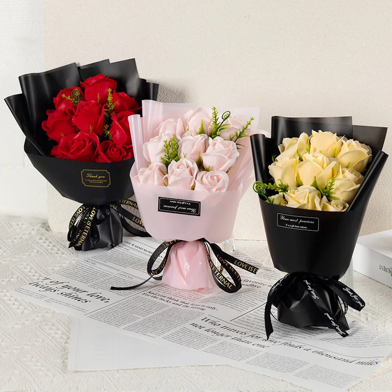 Ramo de flores de jabón de rosas de 9 cabezas, flores artificiales creativas, regalo de fiesta de boda de Navidad para el Día de San Valentín, decoración del hogar al por mayor