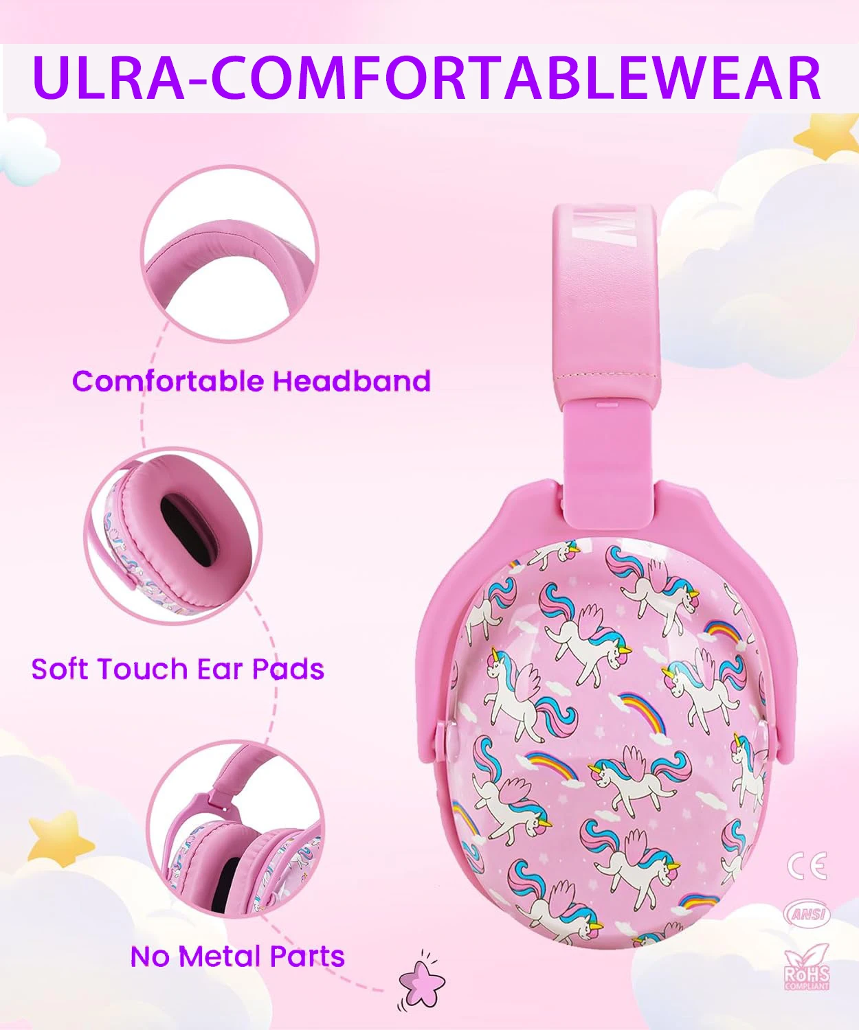 ZOHAN-orejeras de protección para los oídos para niños, orejeras de seguridad para los oídos, auriculares con reducción de ruido de unicornio, cubierta protectora para los oídos para niños