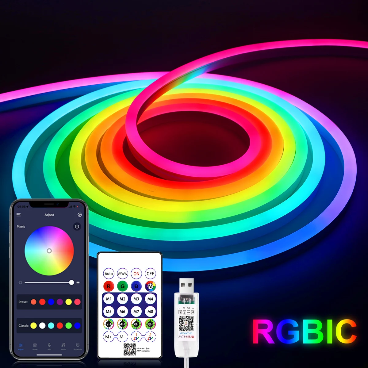 Striscia luminosa al neon LED RGBIC RGB WS2812, nastro al neon con diodo Bluetooth impermeabile USB 5V con telecomando per la decorazione del soffitto della stanza
