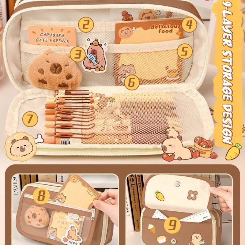 Capybara 9-layer large capacity pencil case, large capacity pencil case flip cover stationery pencil case stationery storage bag