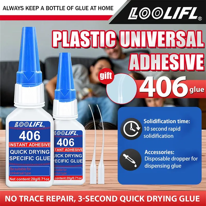 LOOLIFL 406 Super Colla Plastica Adesivo professionale Colla cianoacrilato trasparente Asciugatura rapida Inodore Incollaggio a lunga durata