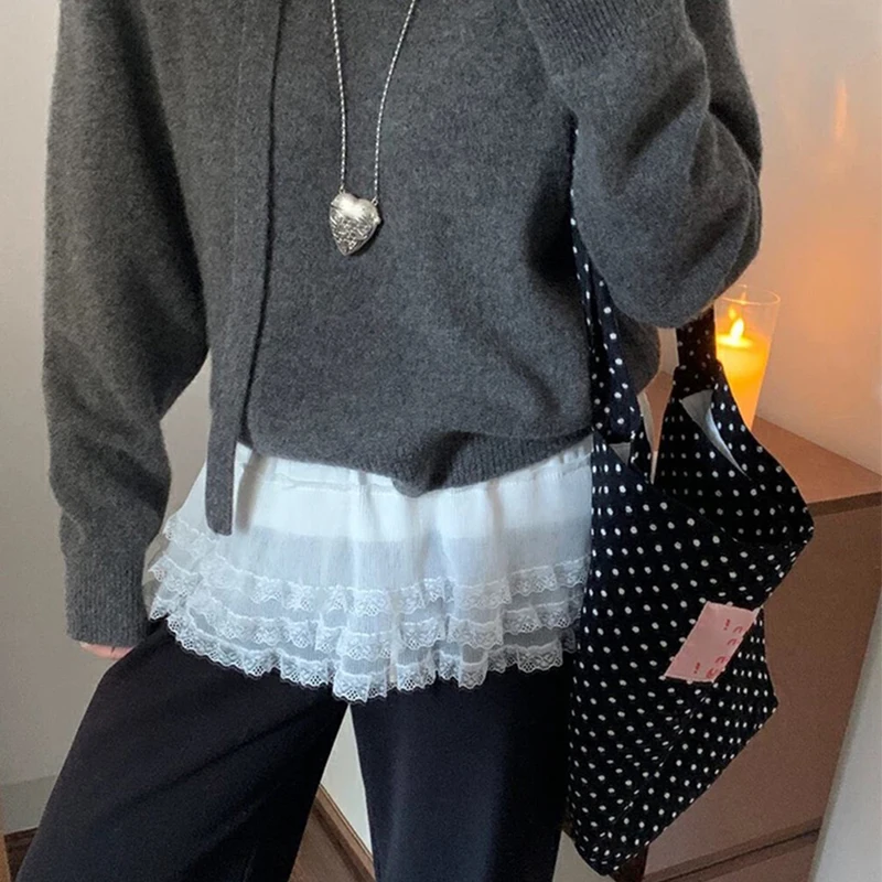 Caldo! Mezza gonna con finiture in pizzo primaverile Gonna a trapezio corta con cintura in pizzo tinta unita versatile da donna Gonna a mezza lunghezza coreana