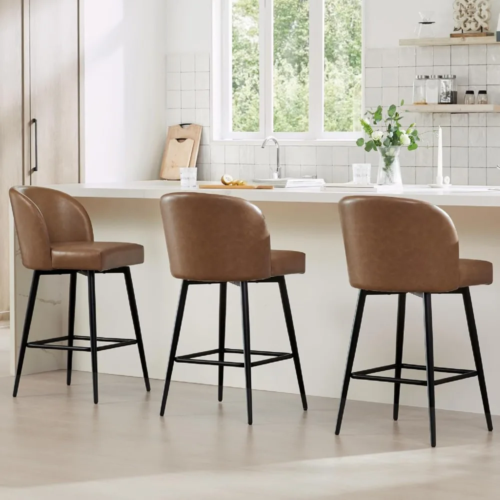 Counter Height Bar Stools Set of 3, 360° Swivel Upholstered Barstools with Backs and Metal Legs, 26" H Seat