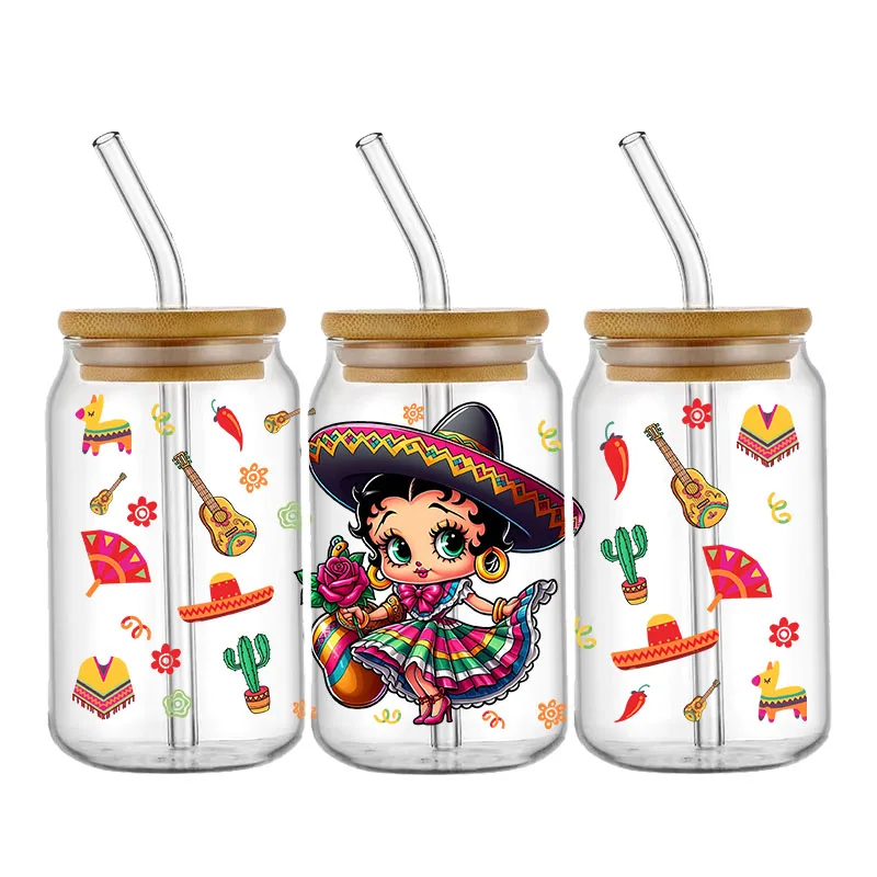 Miniso-pegatinas para envolver chicas bonitas, impermeables, UV, DTF, taza, pegatina para envolver tazas, DIY, calcomanía 3D para vidrio Libbey de 16oz