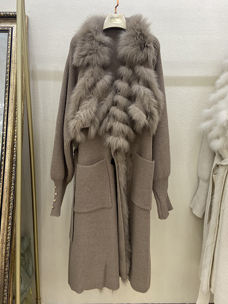 2022 Phụ Nữ Mùa Thu Thực Cáo Lông Đan OverSize Rời Áo Len Áo Khoác Cáo Cổ Lông Nữ Thời Trang Dài Áo Len Dài 110Cm