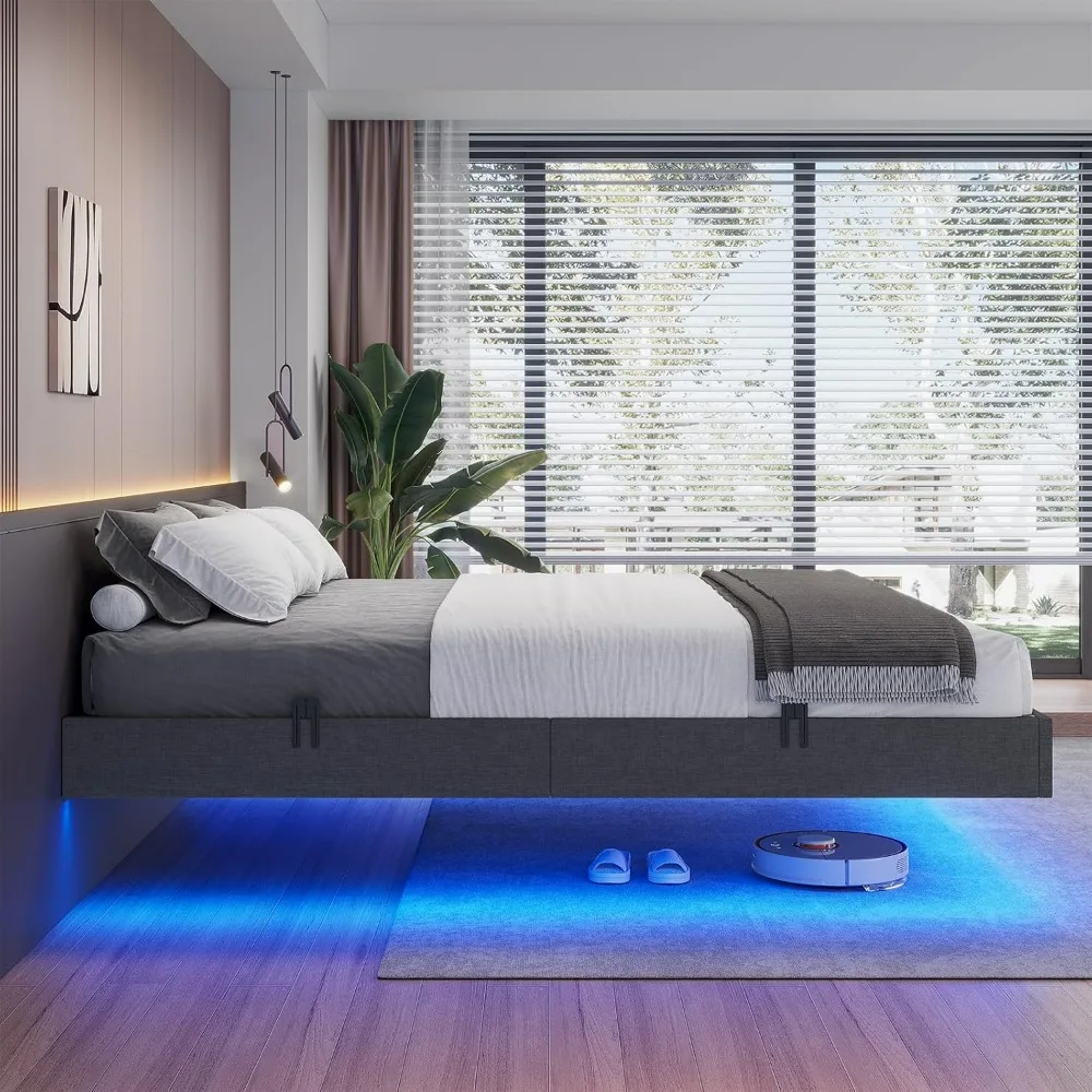 Floating Bed Frame Full Size, LED Bed Frame Linen Upholstered Platform Bed with Underbed Storage,Heavy Steel Slats Support,Bed