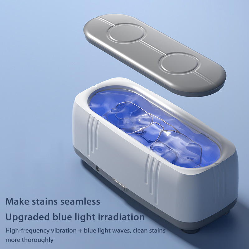 Limpador ultrassônico de 48khz, limpador de óculos de joias usb com luz azul, portátil, automático, anel, brinco, esterilizador