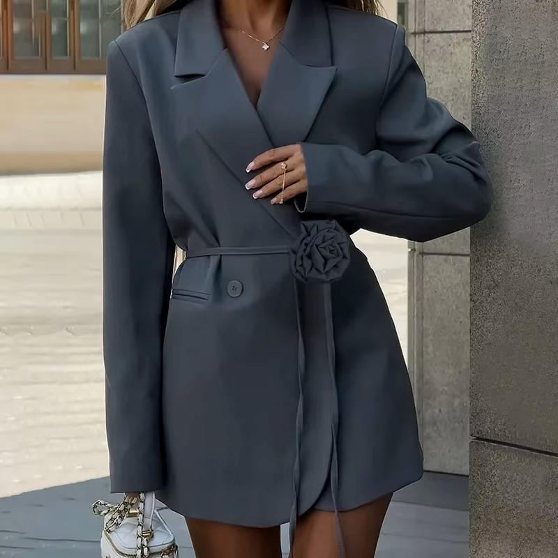 Tauxy moda flor cinto blazers escritório feminino solto com bolsos casaco de manga longa cor sólida blazers casuais 2025 primavera novo