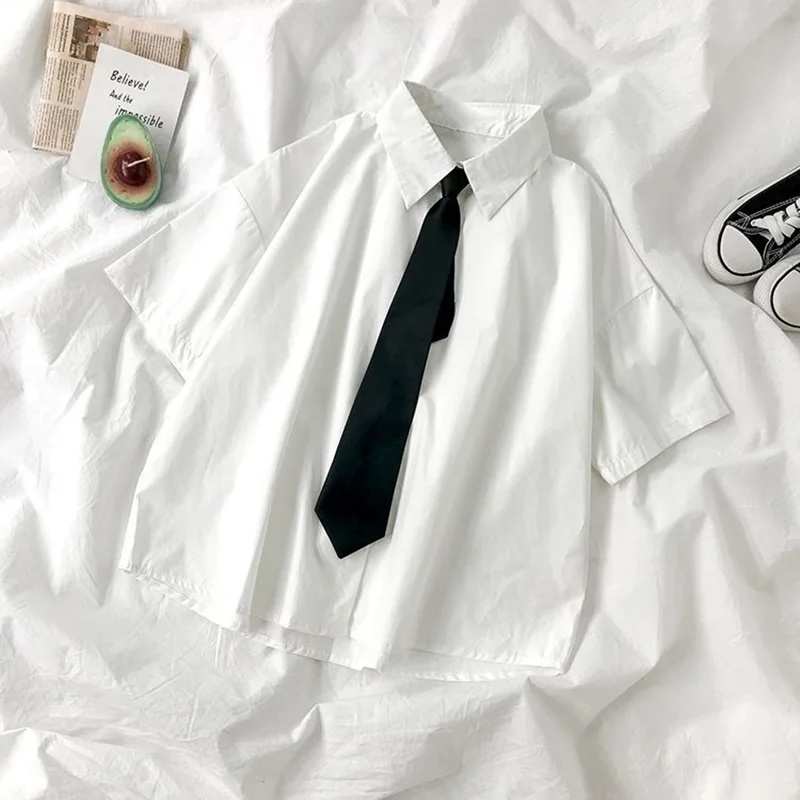 Camisa blanca para mujer, Blusas de manga corta, blusa con solapa y corbata, moda japonesa para estudiantes, Top de estilo universitario diario de verano