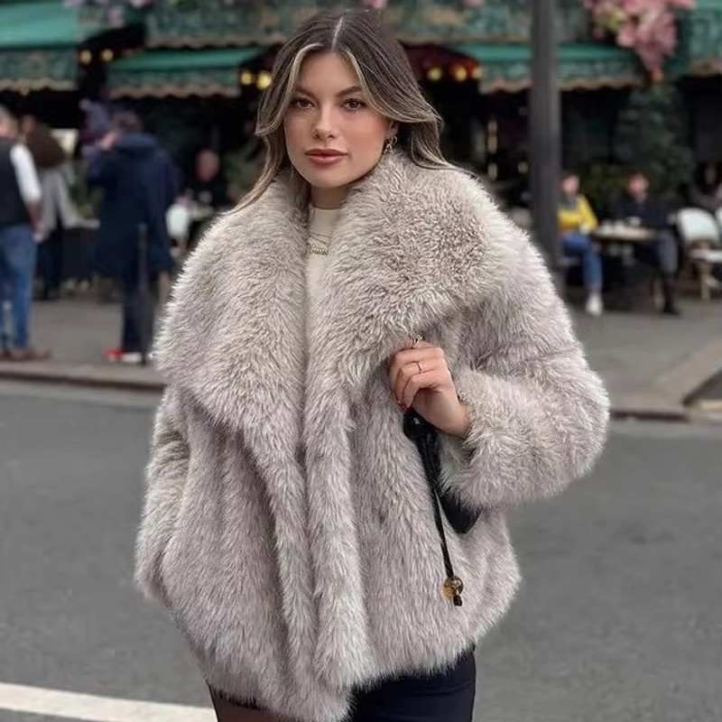 Abrigo de piel esponjosa degradada para mujer, chaqueta de piel de zorro sintética con cuello de piel grande de lujo, abrigos para mujer 2024