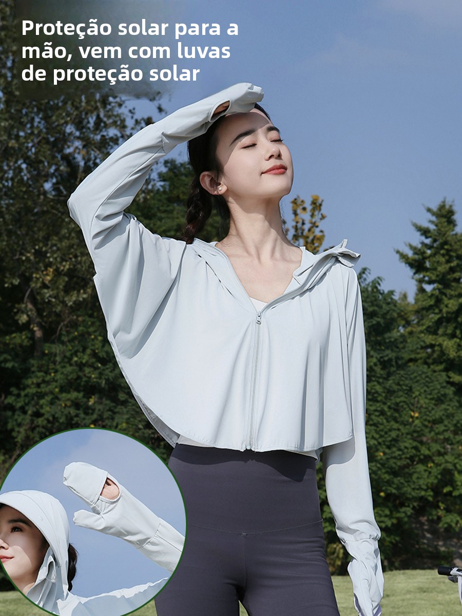Nova Coleção Verão 2025: Casaco Curto F com Proteção Solar UV, Luvas e X de Ombro em Seda Gelada