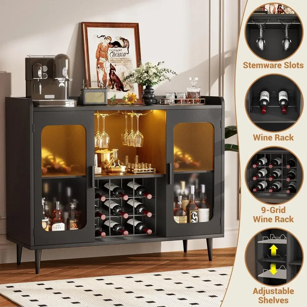 Bar Cabinet with Power Outlet, Liquor Cabinet Bar with LED Light and Glass Holder, Home Coffee Bar Cabinet, Buffet Sideboard
