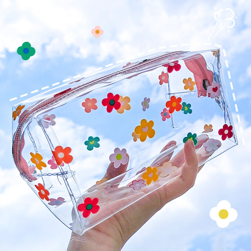 Estuche de lápices transparente Kawaii, caja de bolígrafos de gran capacidad, bolsa de cosméticos para mujer, suministros de oficina para volver a la escuela, papelería bonita