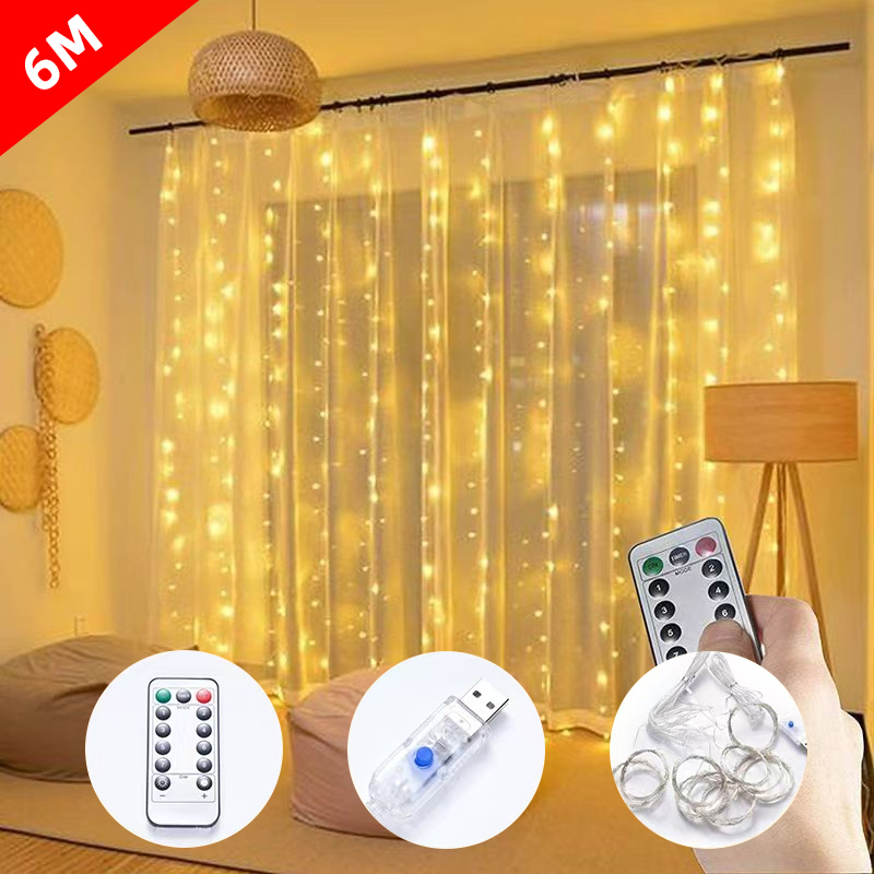 3M/6M Fairy String Lights 8 Modes LED Bedroom Lights Wedding Christmas Decoration Party Holiday Outdoor Lights USB Curtain Light