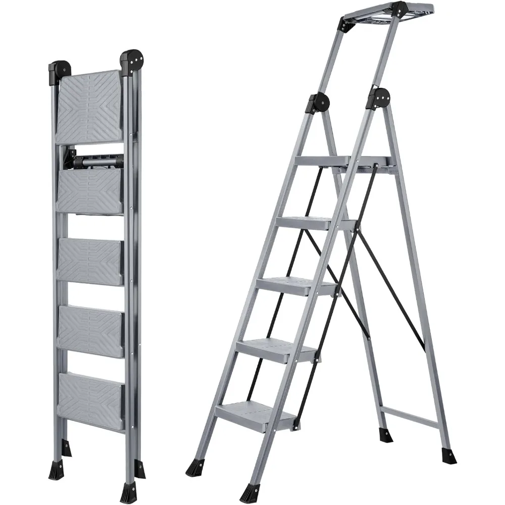 5 Step Ladder, Foldable Step Stool Ladder with Handrails & Tray, 660 lbs Heavy Duty Wide Pedals, Sturdy Steel Folding L