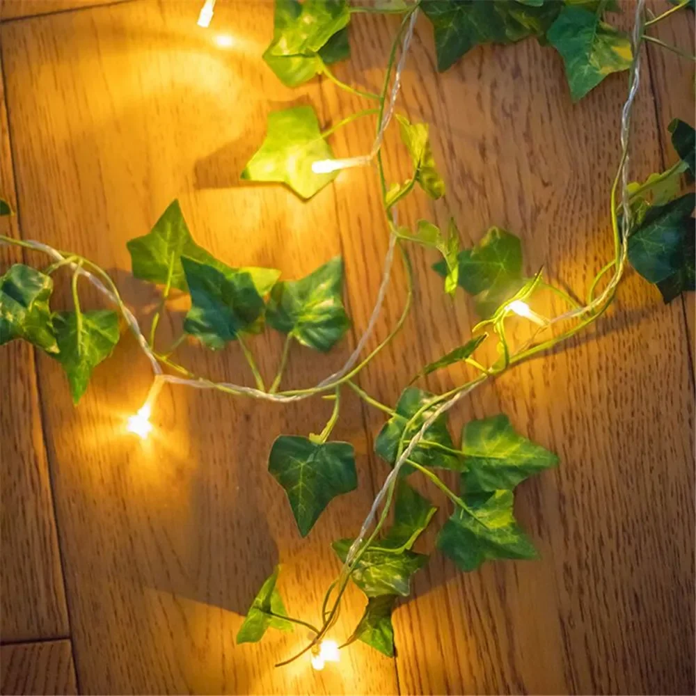 2M 20 LED สีเขียวใบพืชปลอม String Light แบตเตอรี่กันน้ํา Fairy String Light สําหรับ Wall House ตกแต่งคริสต์มาส
