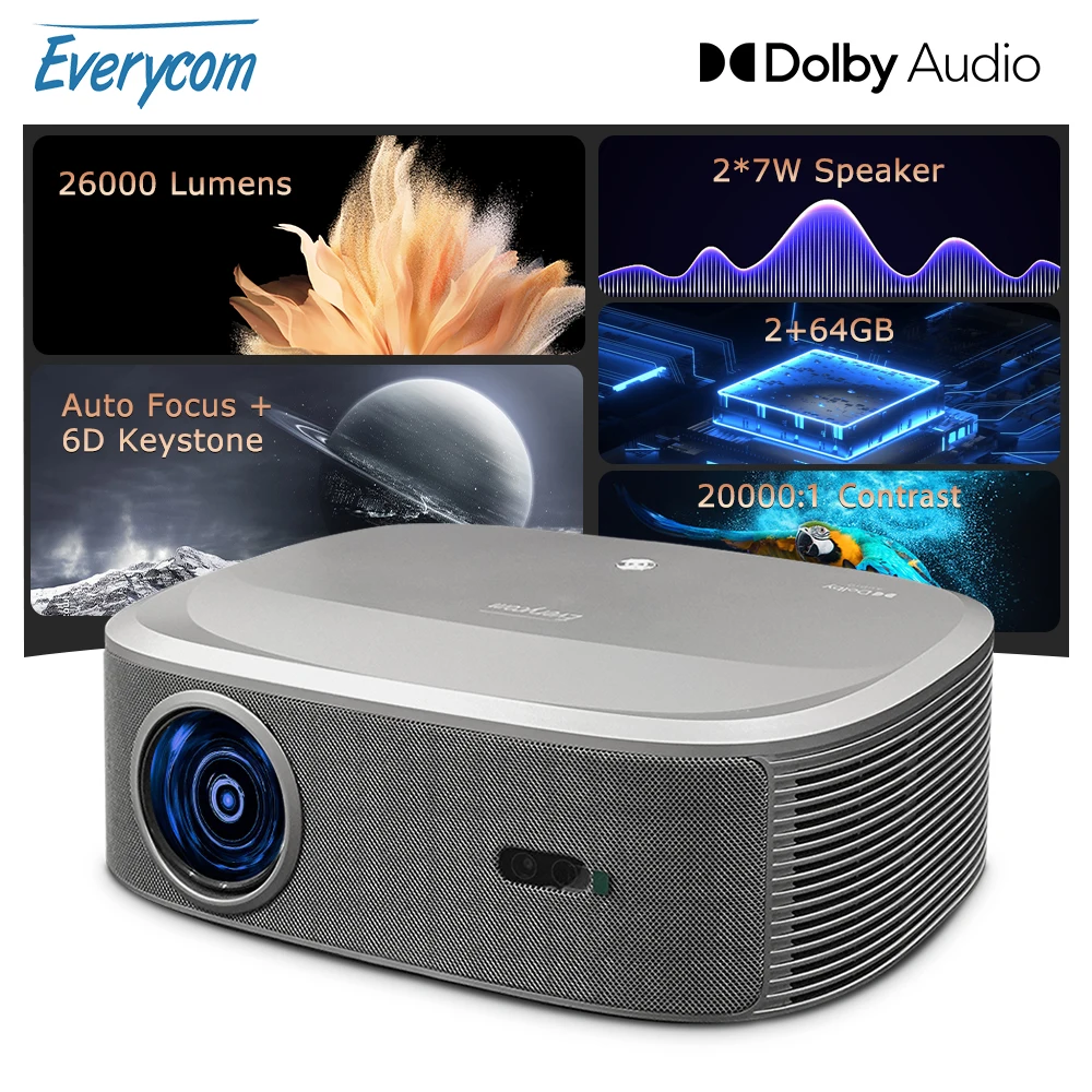 Everycom HQ10W Proyector Full HD Dolby Audio 4K Video Smart TV para el hogar 1080P 26000 lúmenes Proyectores 2 + 64GB Proyector de cine