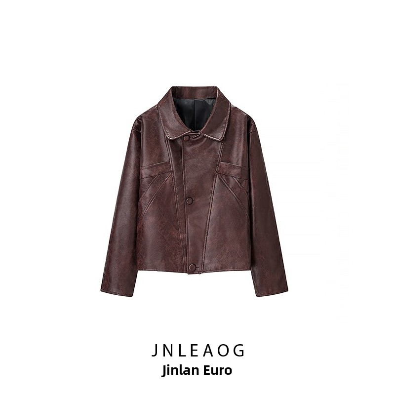 JNLEAOG Jaqueta de couro fena com três botões, design moderno, estilo outono, estilo casual para o dia a dia, manga cr...