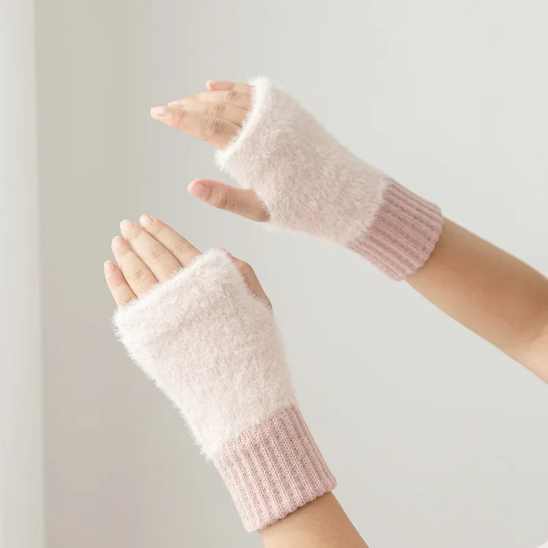 Mink Fleece Soft Half Finger Gloves | Winter Warm Knitted Gloves | Women Solid White Plush Fingerless Wrist Mittens Writting