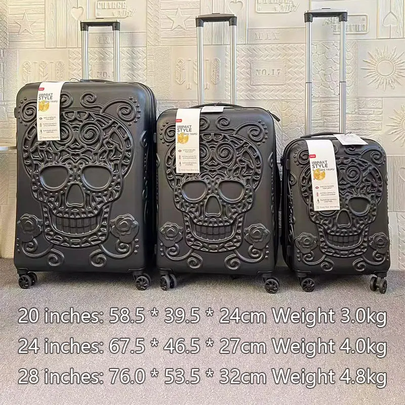 Bagagem de rolamento de cabine com rodas, mala, trole, alfândega, TSA, 3D Skull, nova moda, conjunto de 3, 20 ", 24", 28"