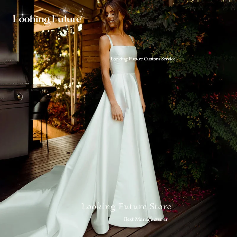 Abito da sposa classico lungo bianco A-Line Colletto quadrato Cinghie per spaghetti Piega formale Vintage Backless Alto limo Crescido Personalizzato