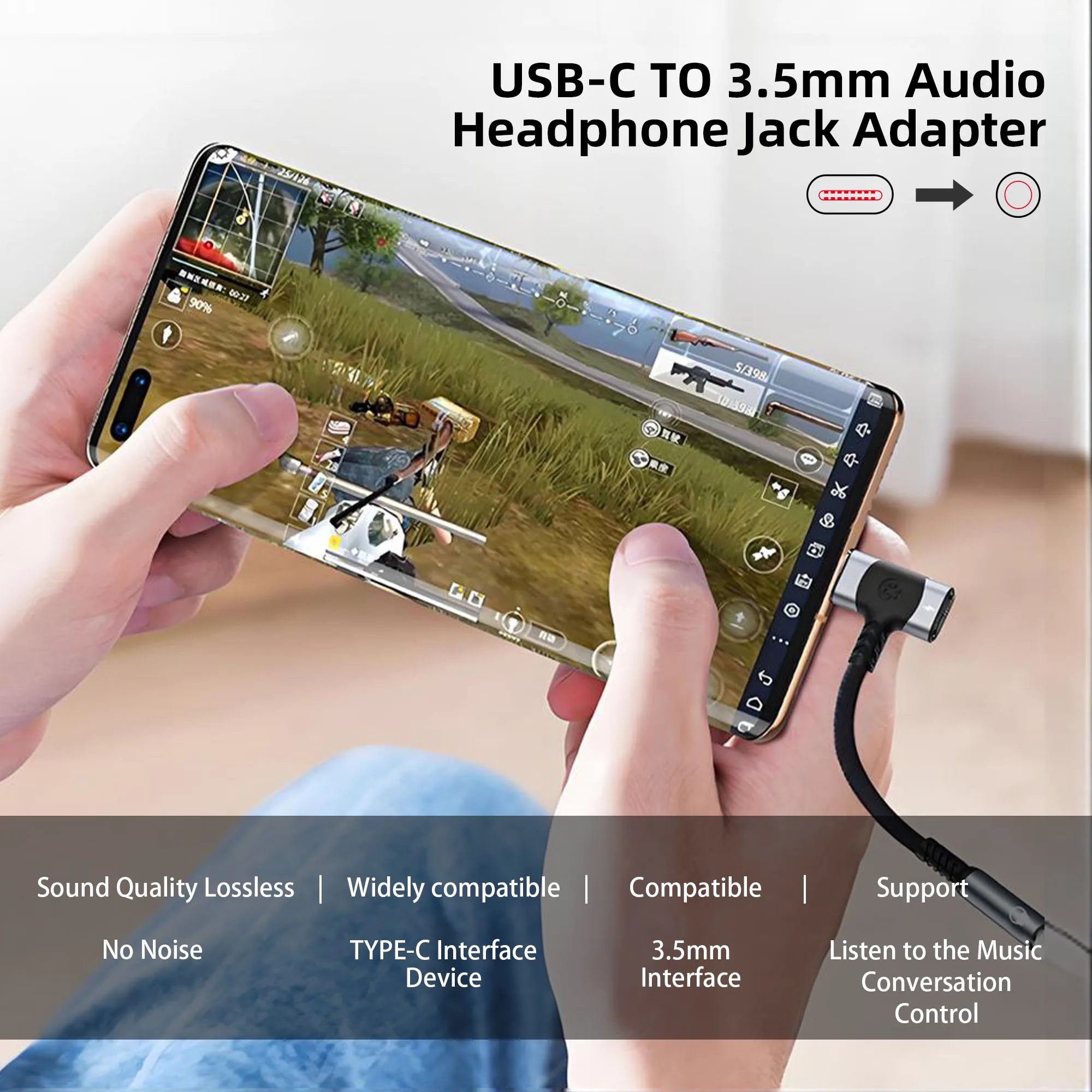 Adattatore per auricolari e caricabatterie da USB C a 3,5 mm Jack per microfono da tipo C a Aux 2 in 1, con dongle di crittografia a ricarica rapida PD 100 W.