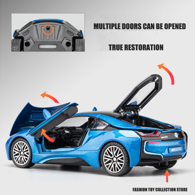 1: 32 i8 liga modelo de carro alta simulação diecasts brinquedo com som e luz puxar para trás veículos decoração brinquedos para crianças presente