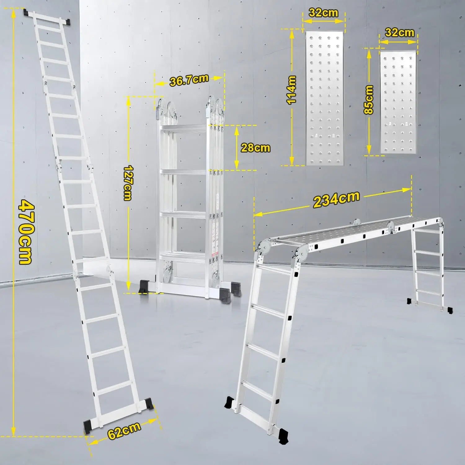 Scala multifunzionale 4x4, 7 in 1, alluminio da 470 cm, con 2 piattaforme, ruote, carico massimo 150 kg, per uso domestico.