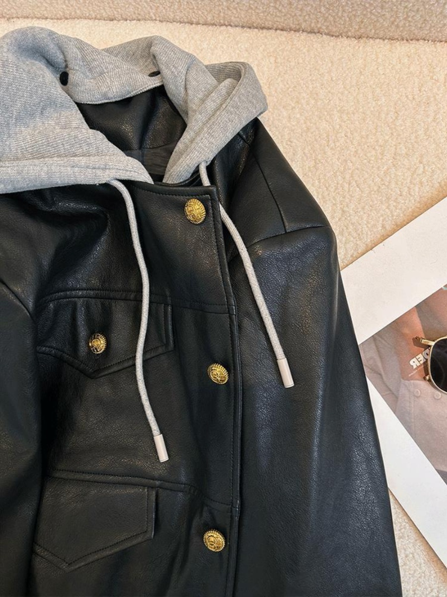 プラスサイズルーズ 300 ポンド脂肪 MM 偽ツーピースフード付きジャケット秋冬カジュアルヴィンテージオートバイ服ジャケットトップ