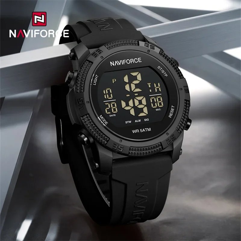NAVIFORCE NF7104 ผู้ชาย LCD Digital Casual วันที่และสัปดาห์นาฬิกาปลุกสายซิลิโคนกันน้ํานาฬิกาอิเล็กทรอนิกส์