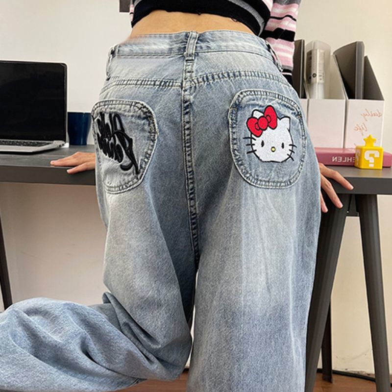 Jeans Harajuku Sanrios Y2K Hallo Kitty Trend Anime Kawaii Kt Breite Bein Hosen Lose für Frauen Hosen Straße Student Casual Mode