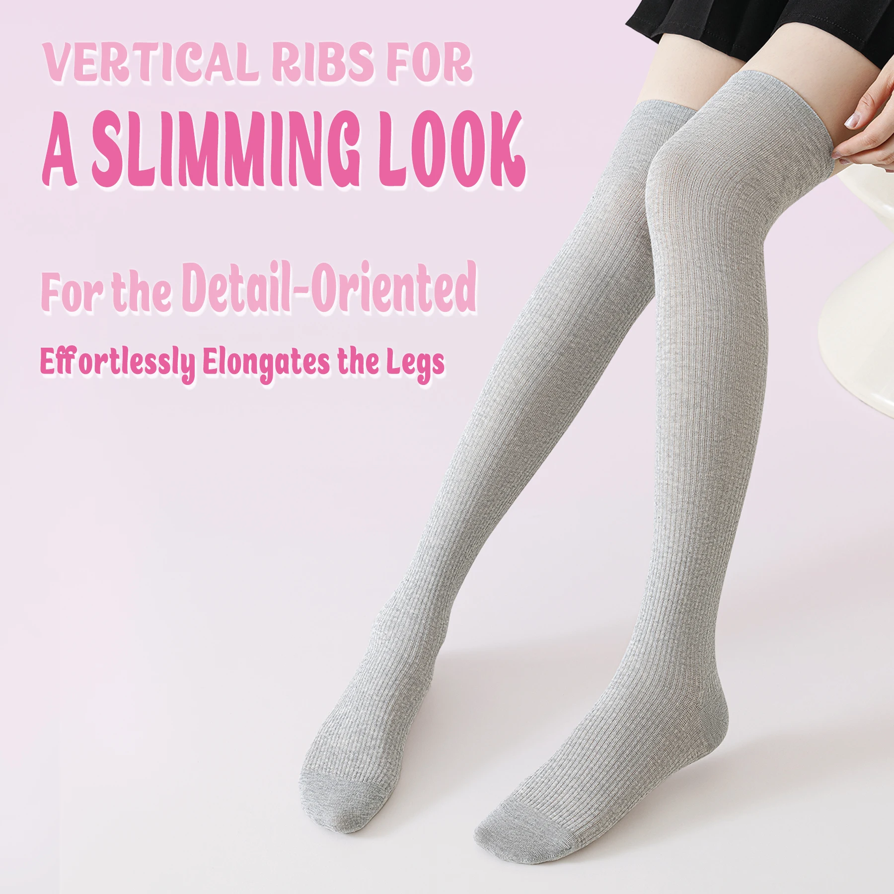 2 Pairs Women's Graduated Compression Thigh-High Socks, Comfort Ribbed Cuff and Stay-Up Fit for All-Day Support