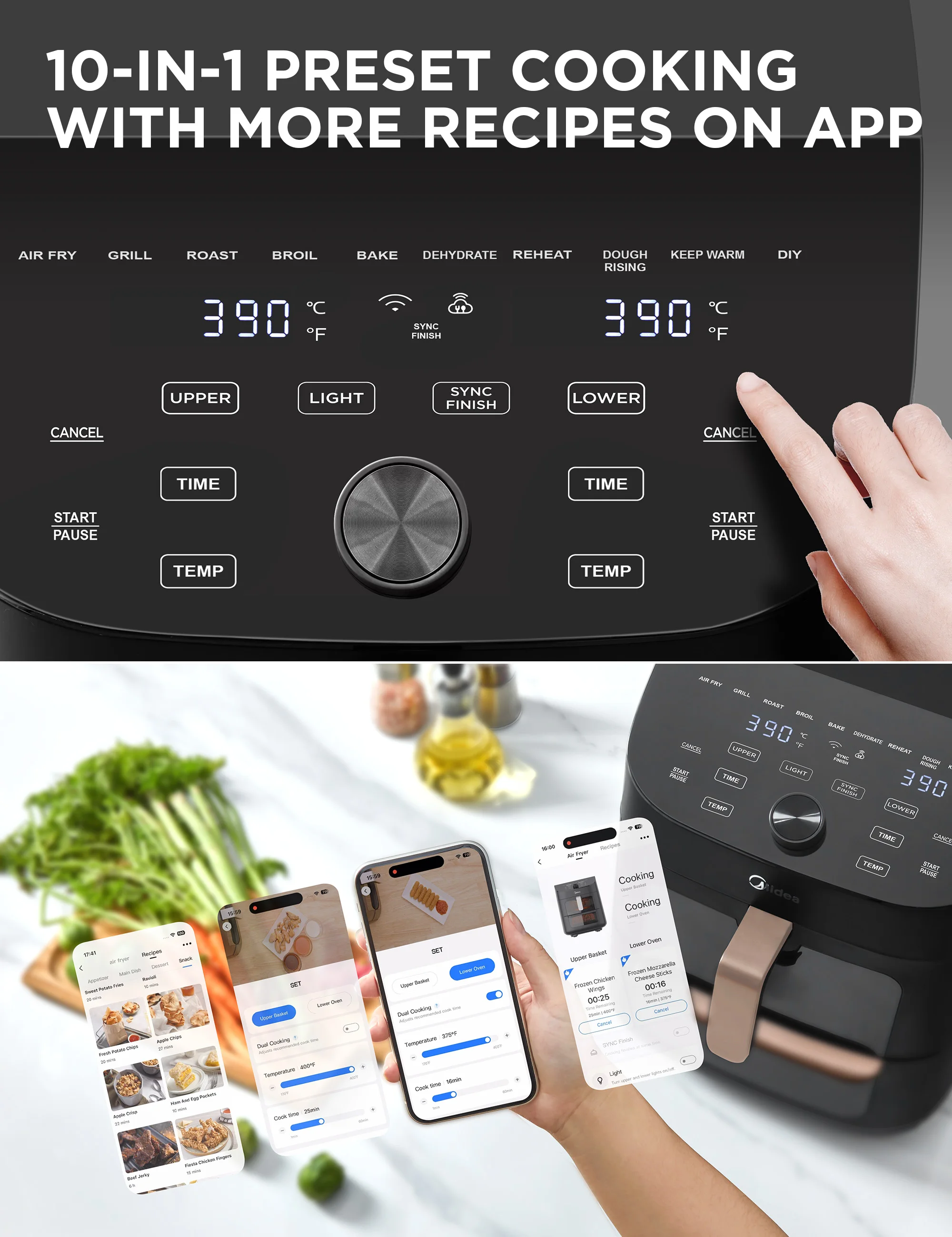 Midea Heißluftfritteuse, Doppelstapel, überlappende Airfryer, Smart WiFi Sync mit Alexa, 11L XL vertikal platzsparend, MAF002S
