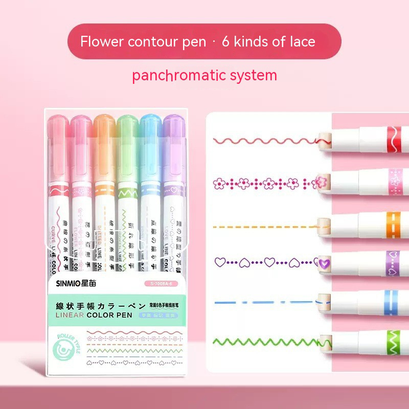 Evidenziatori a forma di linea di fiori Kawaii, punta a rullo, fodera curva, pennarello per scrivere, journaling, cancelleria da disegno, set da 6 pezzi