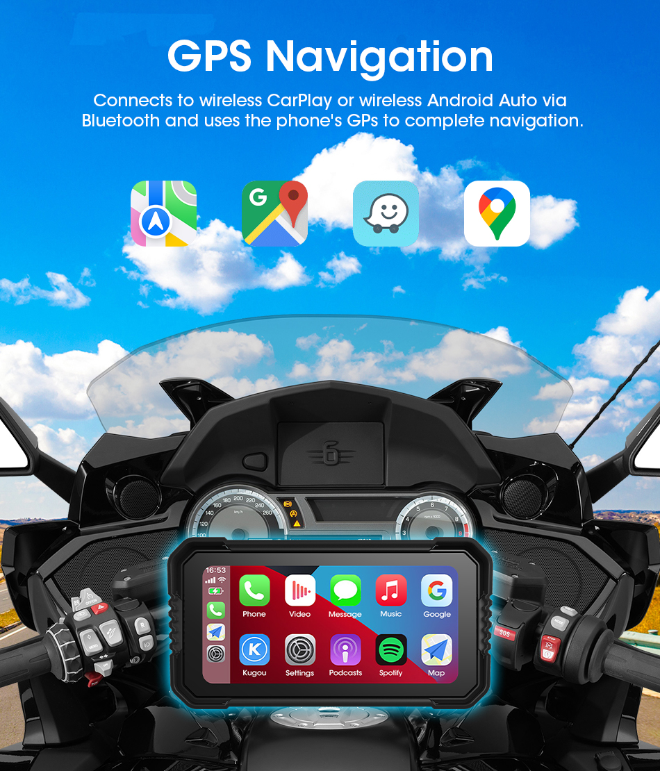 Portátil 6.25 polegada motocicleta navegação gps sem fio carplay android auto dvr gravador de unidade moto monitor wifi ipx7 à prova dwaterproof água
