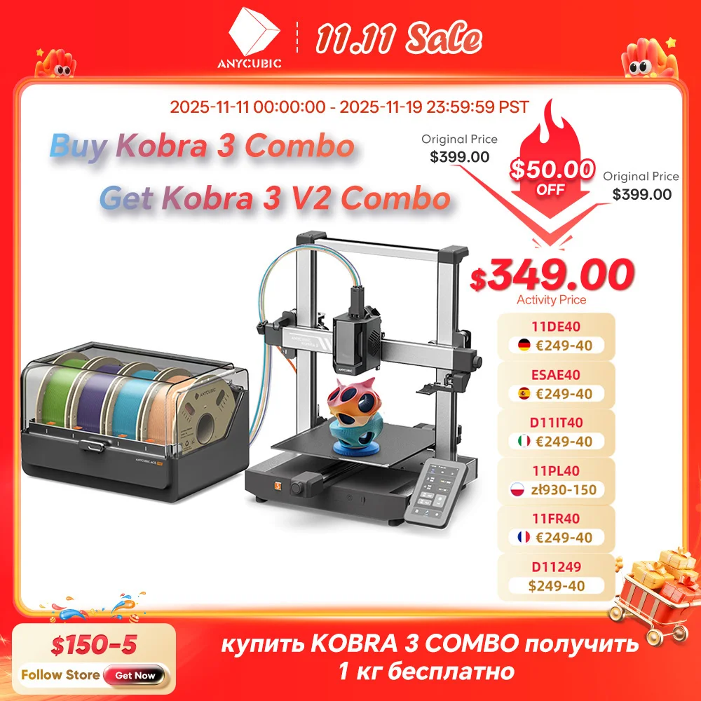 ANYCUBIC Kobra 3 Combo AE Версия Многоцветный 3D-принтер FDM 600 мм/с Скорость печати Размер сборки 250x250x260 мм От 4 до 8 Цветная печать