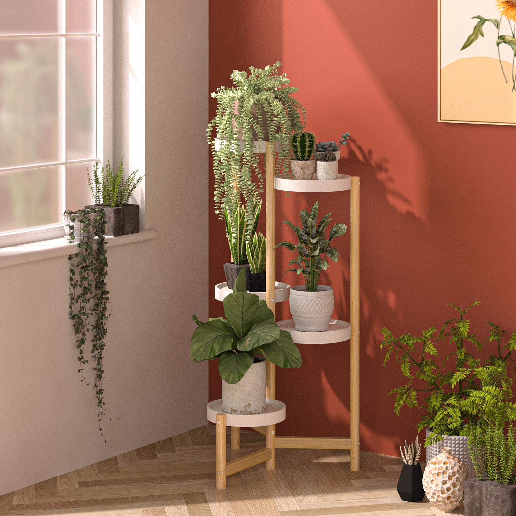 Suporte de planta de bambu de canto interno e externo 3/4/5 camadas plantador redondo suporte de exibição em vaso de flores