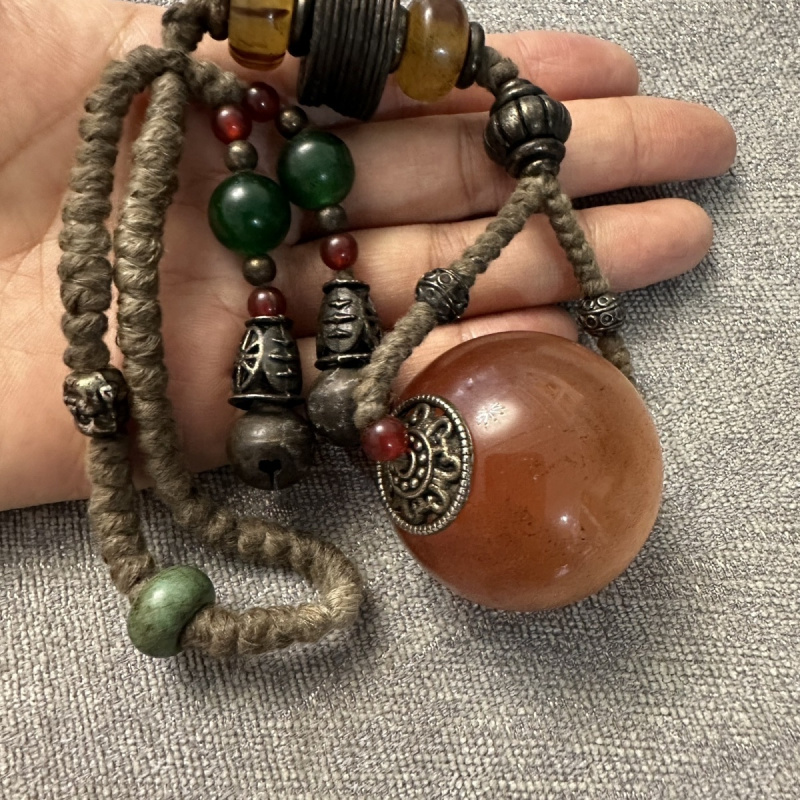 Antique Retro Old Patina Red Cat's Eye Stone Round Ball Old Glass Handheld Jade Pendant Cultural Play Accessory