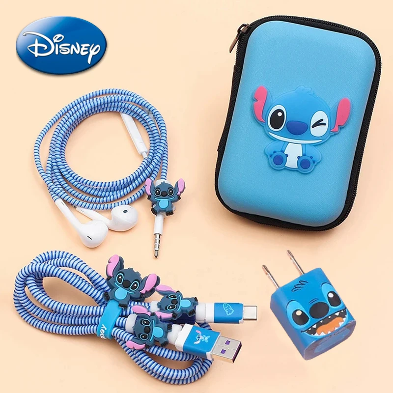Disney Stitch Iphone 5w Charger Cable Protector Case Storage Bags Winder Sticker Cartoon Cute Data Line Earphone Protect Cover