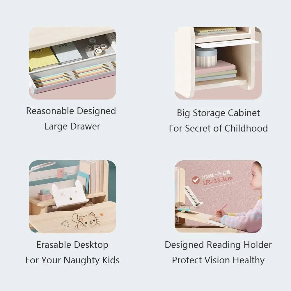 Wood Adjustable Height Kids Study Desk with Chair, Reading Homework Drawing Table Computer Station Built-in Bookshelf Hutch