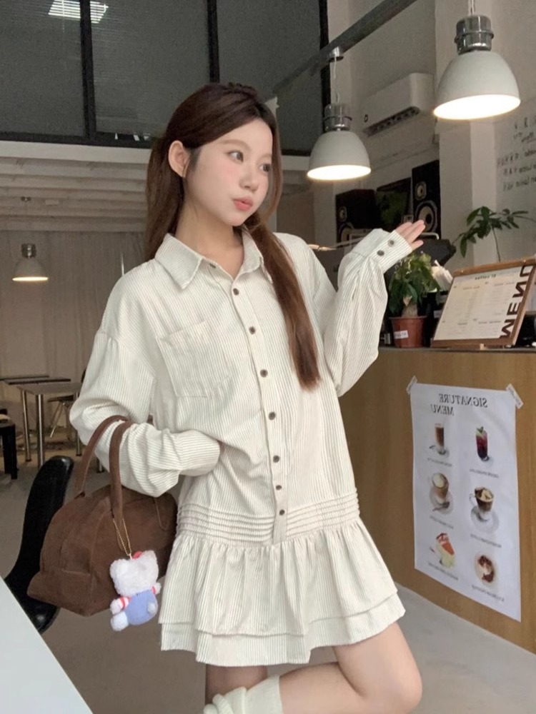 MD-女性用ショートドレス,ストライプのルーズドレス,韓国シリーズ,甘い,小さな子供向け,新しい,初秋